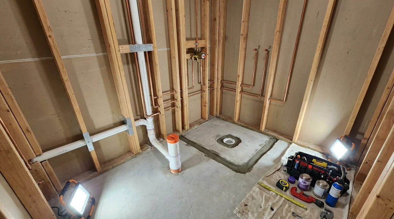 Bathroom rough-in plumbing during remodel by Johns Plumbing LLC in Spencerville