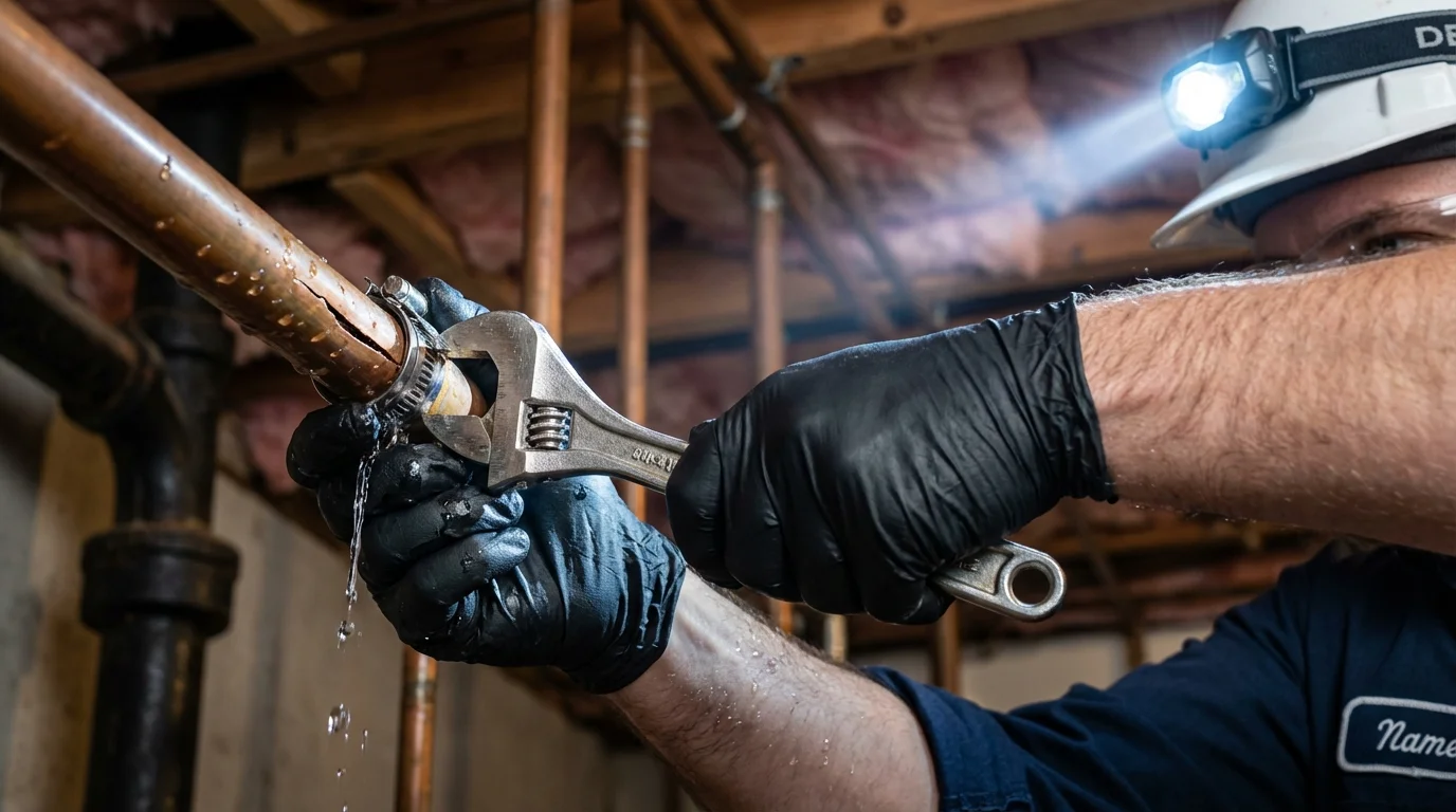 Emergency pipe clamp repair being performed by a Johns Plumbing LLC plumber in Spencerville