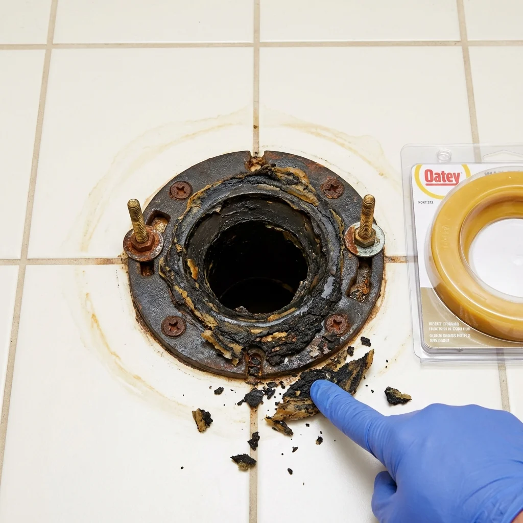 Failed wax ring showing water seepage at the base of a toilet in a Spencerville, OH home