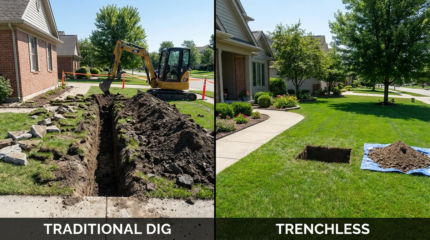 Trenchless sewer repair with minimal yard damage versus traditional excavation in Spencerville, OH