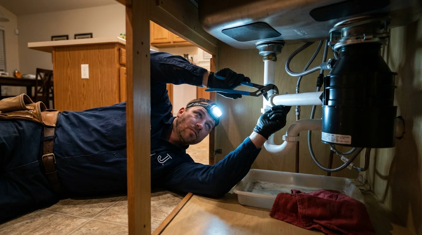 P-trap and supply line connections under a kitchen sink showing a common leak point in Spencerville, OH